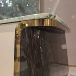 Square Pale Green Marble Side Table with White Panel and Dark High-Gloss Wood Sides